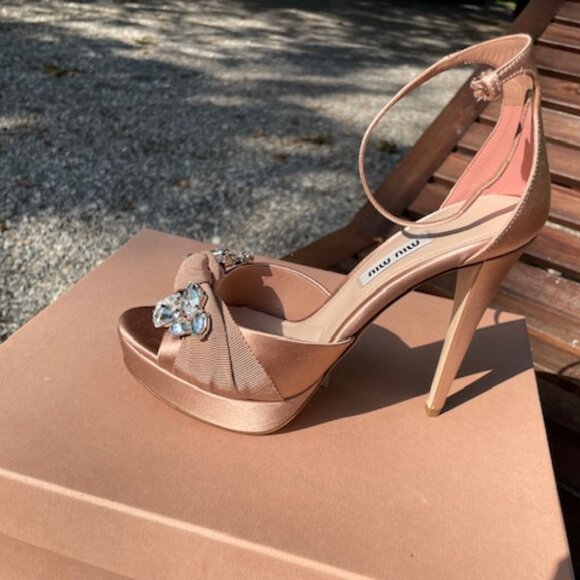 Miu Miu Nude Satin Heels with Crystal Embellishment, Size 6.5 - Picture 4 of 13